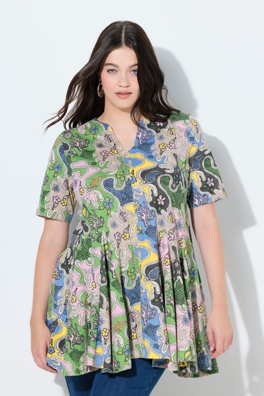 T-shirt en coton bio, manches courtes et encolure esprit tunique, coupe évasée