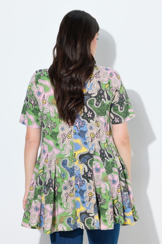 T-shirt en coton bio, manches courtes et encolure esprit tunique, coupe évasée