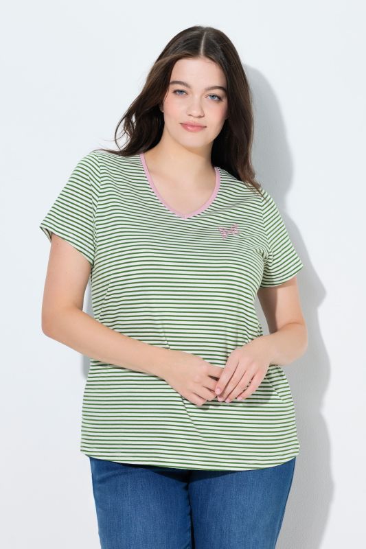 T-shirt rayé en coton bio, décolleté en V et manches courtes