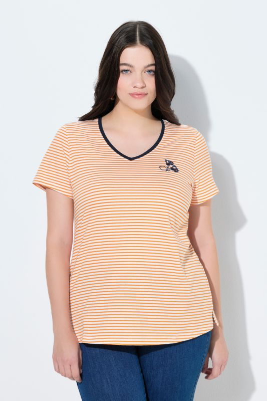 T-shirt rayé en coton bio, décolleté en V et manches courtes