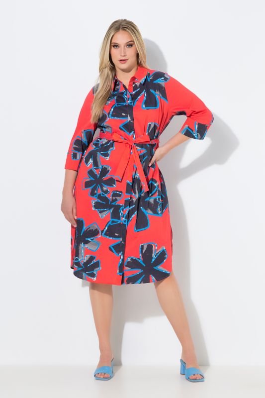 Robe chemisier à fleurs, longueur midi et manches 3/4, coupe évasée