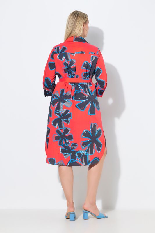 Robe chemisier à fleurs, longueur midi et manches 3/4, coupe évasée