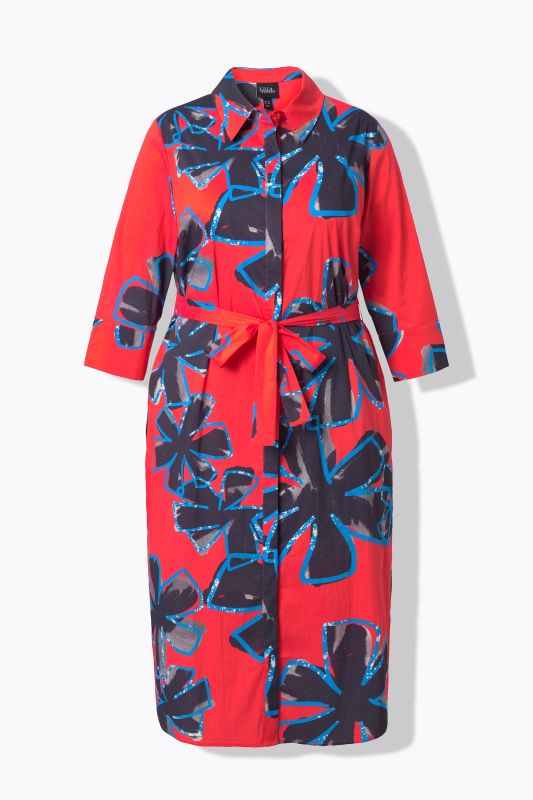Robe chemisier à fleurs, longueur midi et manches 3/4, coupe évasée