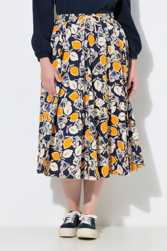 Jupe midi en coton bio motif citrons, taille élastique et poches