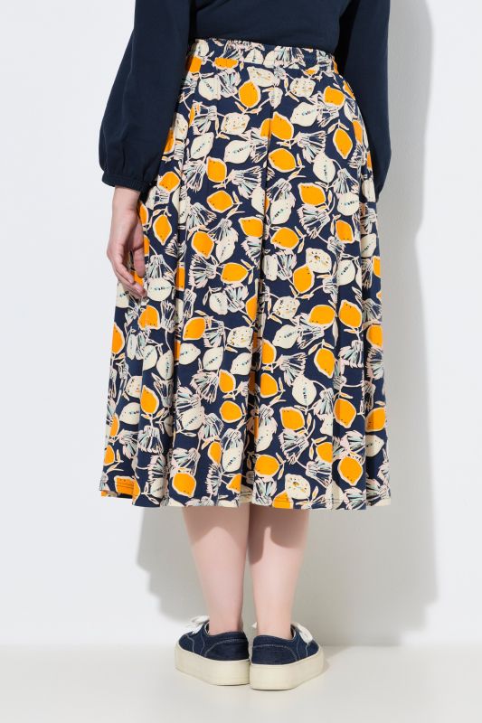 Jupe midi en coton bio motif citrons, taille élastique et poches