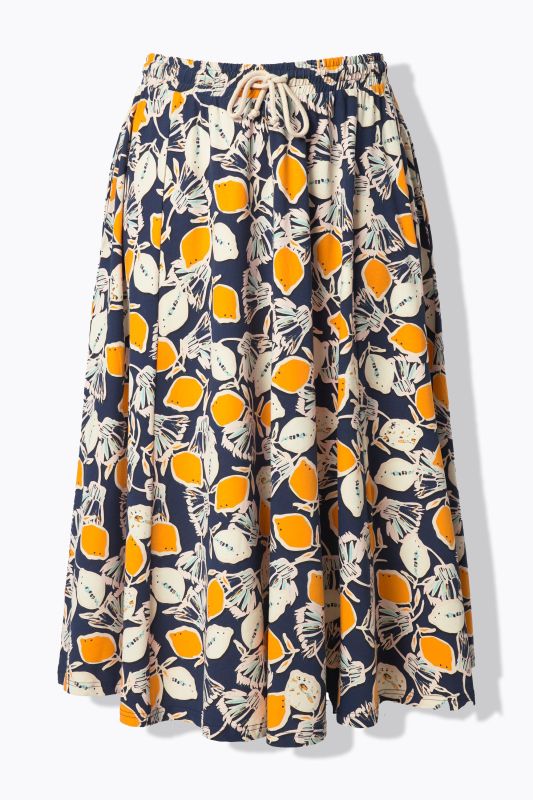 Jupe midi en coton bio motif citrons, taille élastique et poches