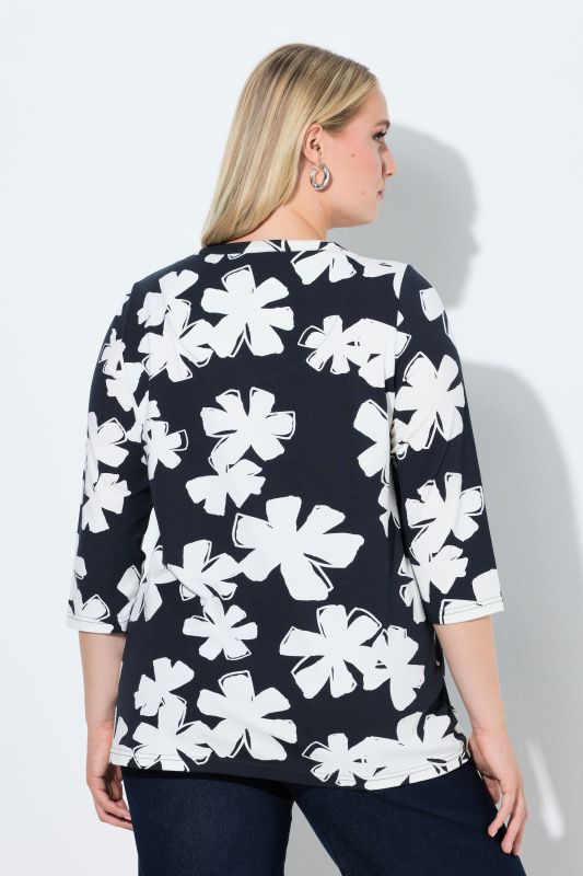 T-shirt à fleurs, manches 3/4 et décolleté rond avec découpe, coupe évasée