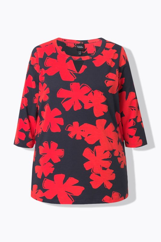 T-shirt à fleurs, manches 3/4 et décolleté rond avec découpe, coupe évasée