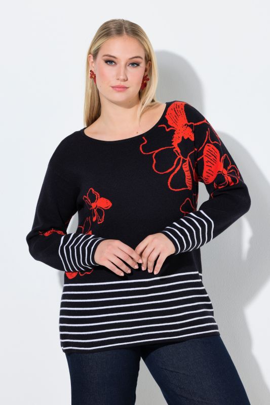 Pull encolure bateau et manches longues, motif floral