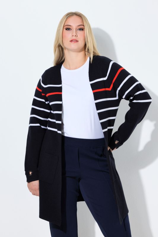 Cardigan rayé long, encolure en V et manches longues