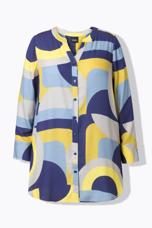 Chemisier long imprimé graphique, col tunisien et manches longues, coupe évasée