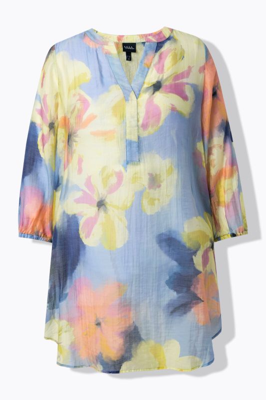 Tunique en Lyocell motif fleurs, col tunisien et manches 3/4