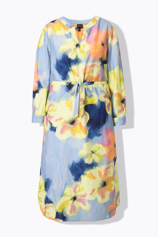 Robe maxi à fleurs, col tunisien et manches longues, coupe évasée