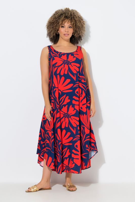 Robe midi sans manches, motif coraux, décolleté rond et coupe évasée