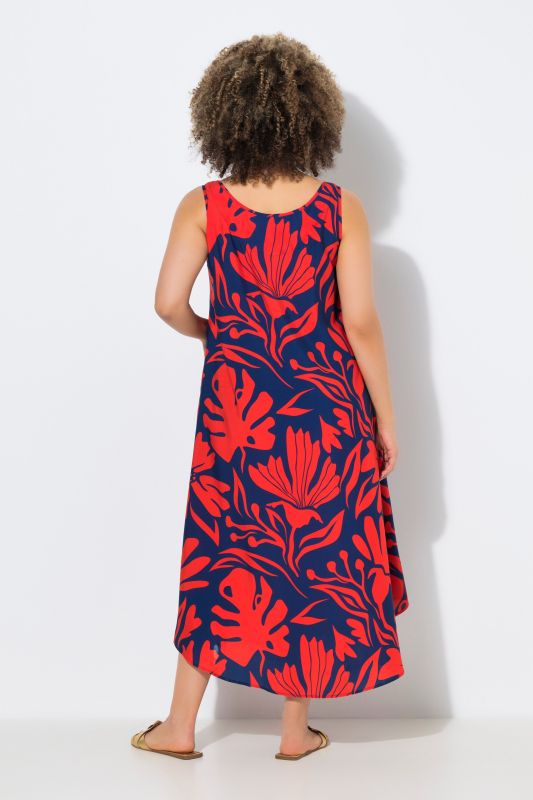 Robe midi sans manches, motif coraux, décolleté rond et coupe évasée