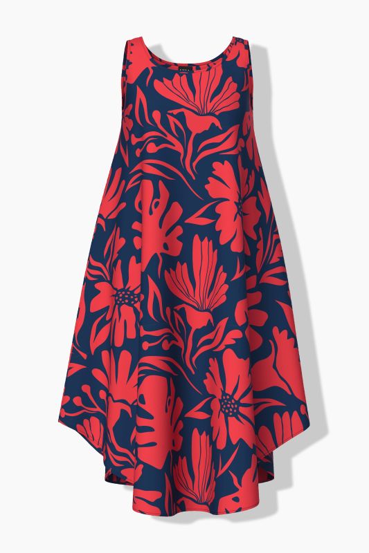 Robe midi sans manches, motif coraux, décolleté rond et coupe évasée