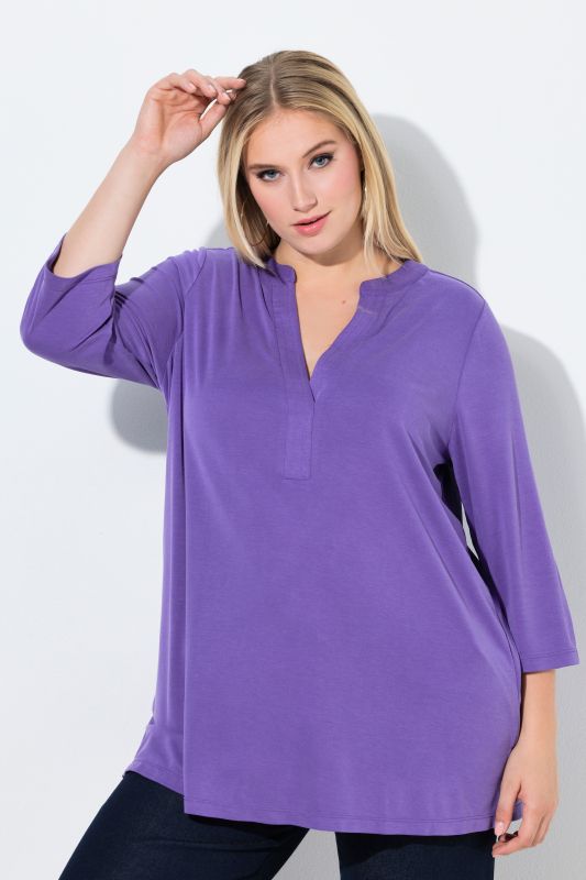 T-shirt tunique, coupe évasée, col tunisien et manches 3/4