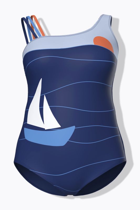 Maillot de bain avec bonnets souples, motif bateau à voile et décolleté rond, matière recyclée