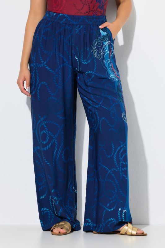 Pantalon palazzo jambe large et ceinture élastique, motif cordes de marine
