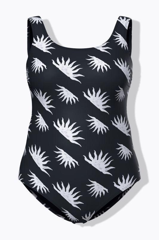 Maillot de bain sans bonnets souples, motif soleils et décolleté rond