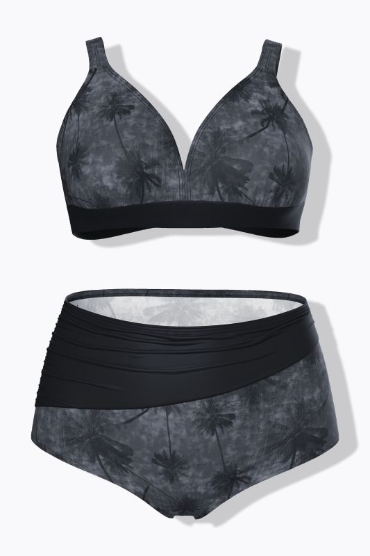 Bikini motif palmiers, sans bonnets souples, bretelles réglables et matière recyclée