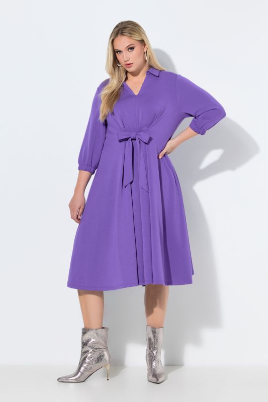 Robe en molleton de modal mélangé, col chemise et manches 3/4, coupe évasée