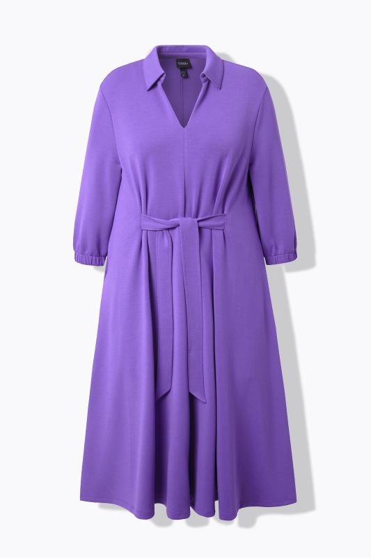 Robe en molleton de modal mélangé, col chemise et manches 3/4, coupe évasée