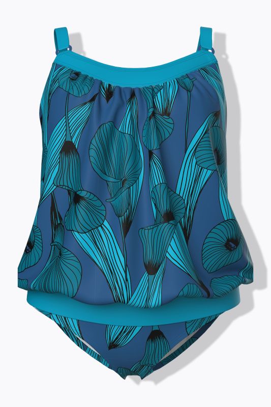 Tankini avec bonnets souples, motif arums, base élastique et bretelles ajustables