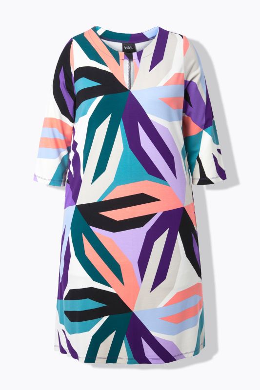 Robe point de Rome, motif floral abstrait, décolleté rond et manches 3/4