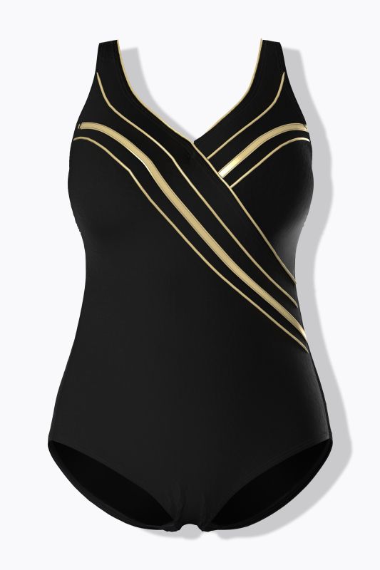 Maillot de bain esprit cache-cœur, bonnets souples et passepoils dorés