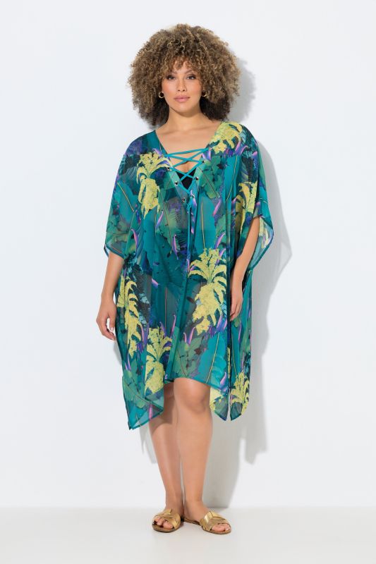 Tunique motif jungle, décolleté en V avec laçage et manches courtes