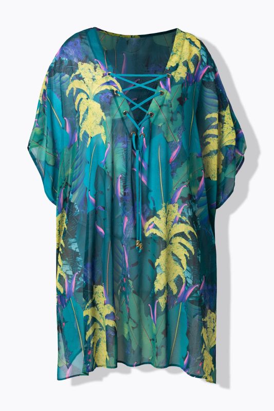 Tunique motif jungle, décolleté en V avec laçage et manches courtes