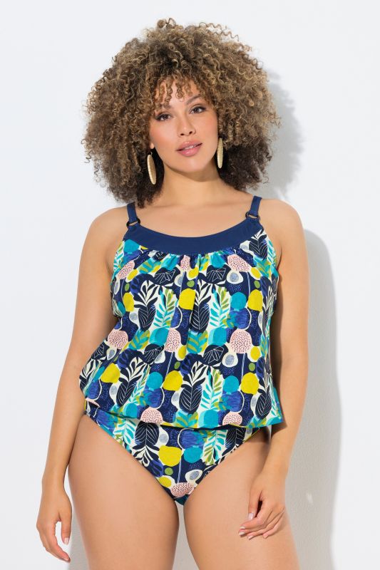 Tankini avec bonnets souples, motif feuilles, base élastique et bretelles ajustables