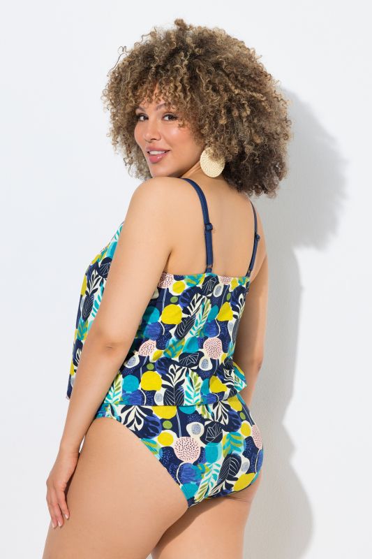 Tankini avec bonnets souples, motif feuilles, base élastique et bretelles ajustables