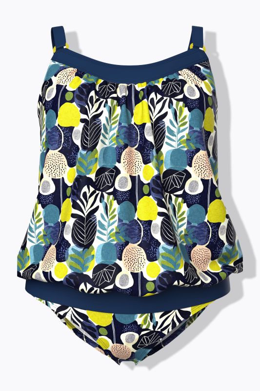 Tankini avec bonnets souples, motif feuilles, base élastique et bretelles ajustables