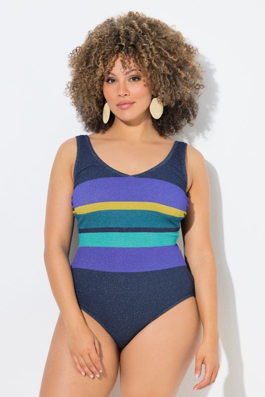 Maillot de bain sans bonnets souples, décolleté rond et motif à larges rayures