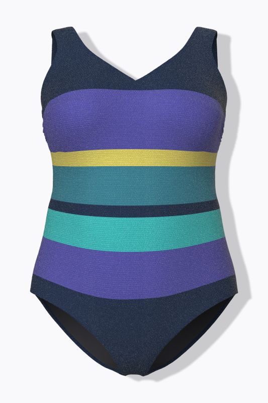 Maillot de bain sans bonnets souples, décolleté rond et motif à larges rayures