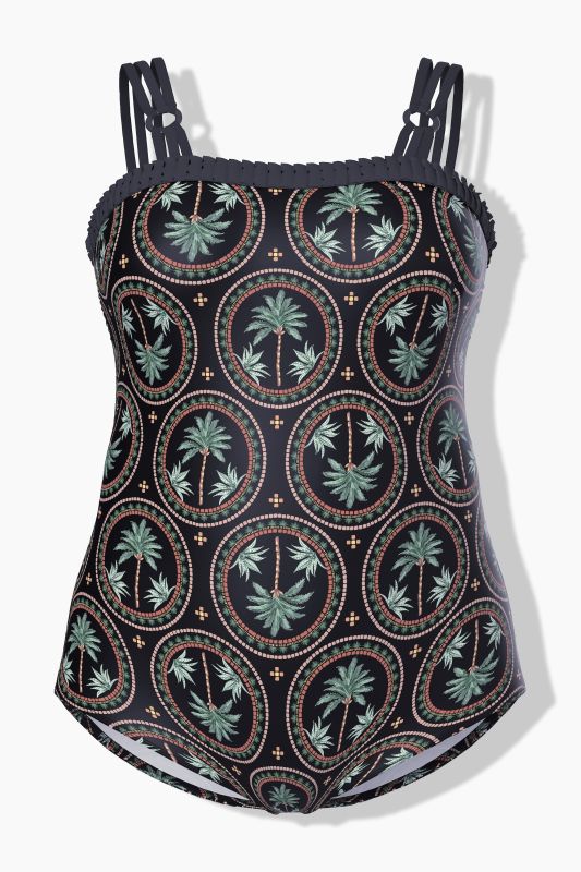 Maillot de bain avec bonnets souples, motif palmieres, décolleté rond et matière recyclée