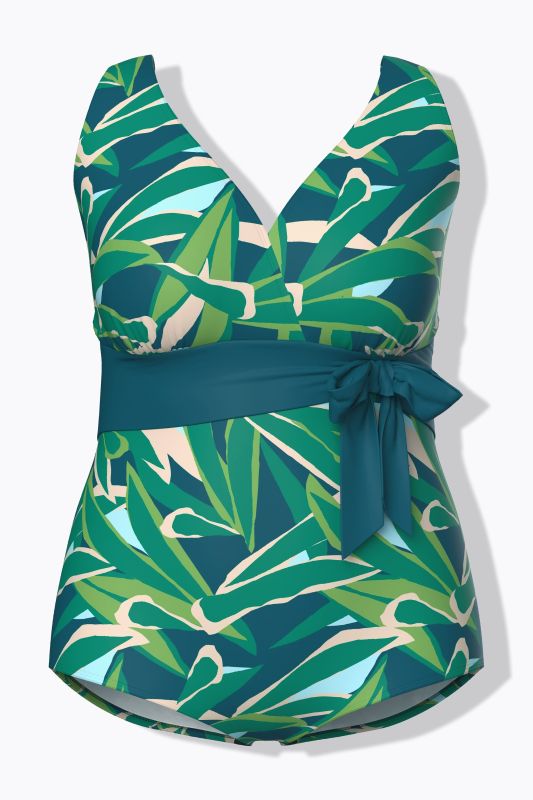 Maillot de bain avec bonnets souples, motif feuilles et nœud fantaisie, décolleté en forme de cœur