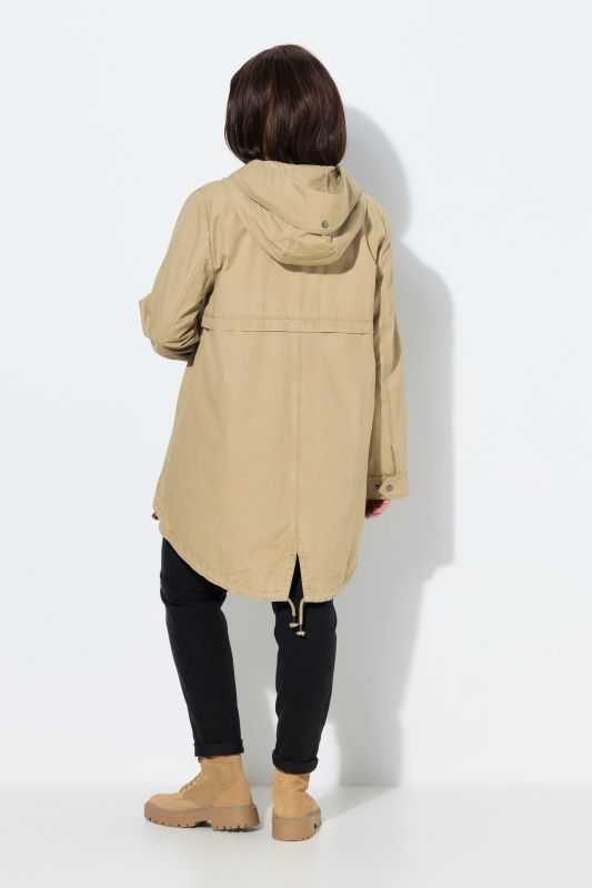 Parka en coton à capuche, plus longue à l'arrière, coupe évasée