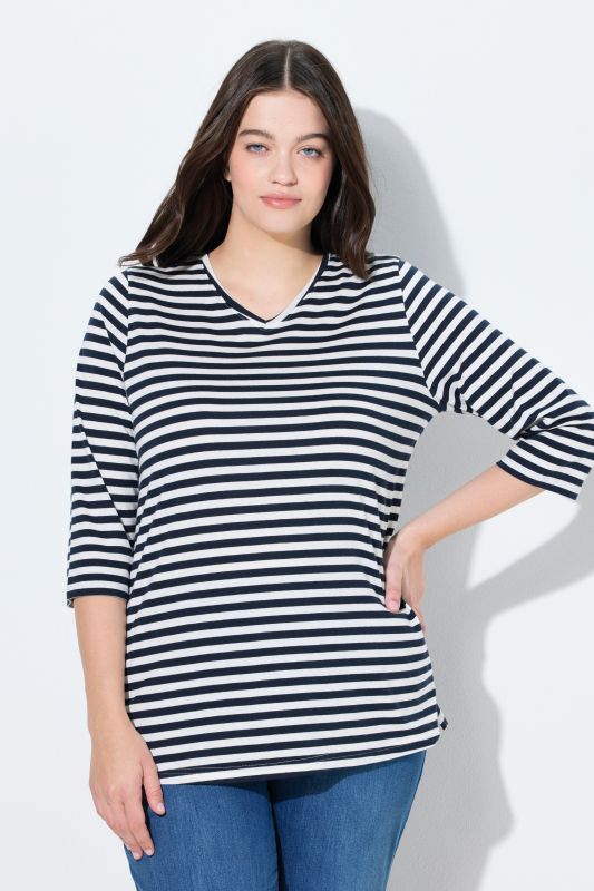 T-shirt rayé en coton bio, décolleté en V et manches 3/4