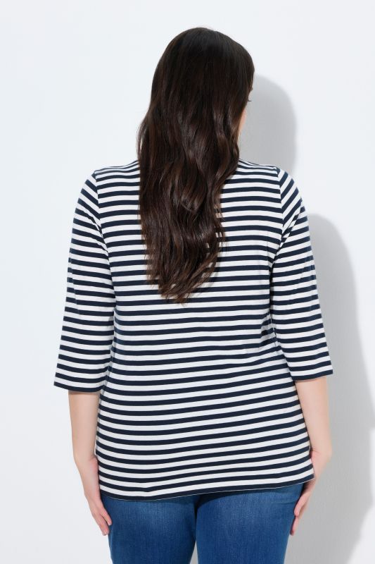 T-shirt rayé en coton bio, décolleté en V et manches 3/4