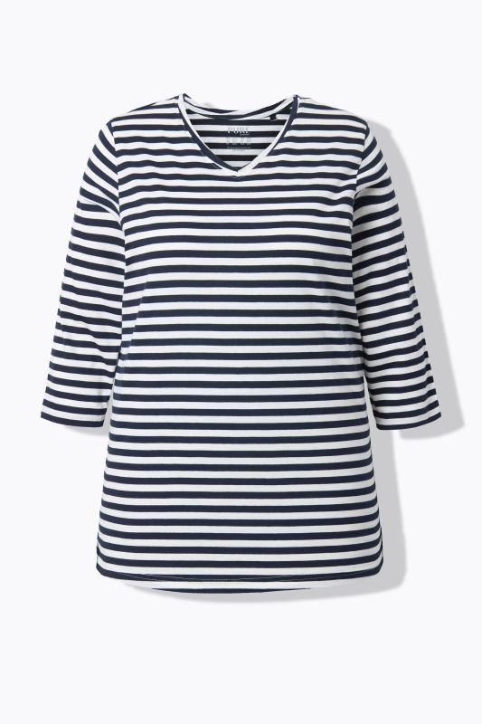 T-shirt rayé en coton bio, décolleté en V et manches 3/4