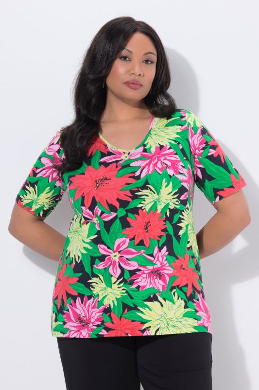 T-shirt à coupe évasée, col en V et manches courtes