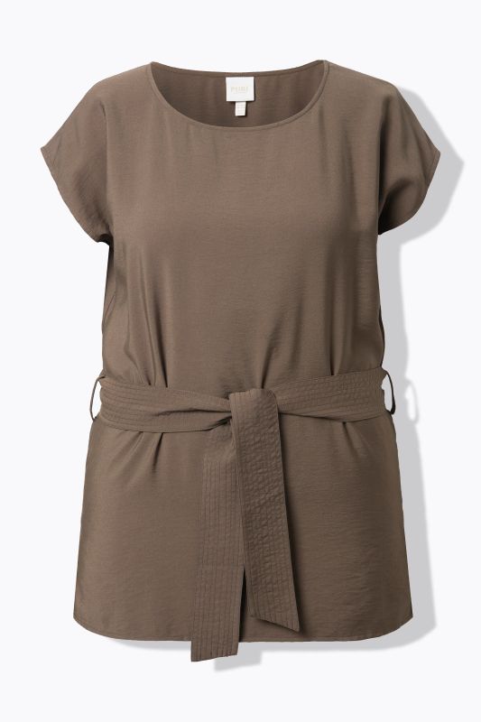 Tunique avec ceinture à nouer, décolleté rond et manches courtes, coupe Boxy Fit