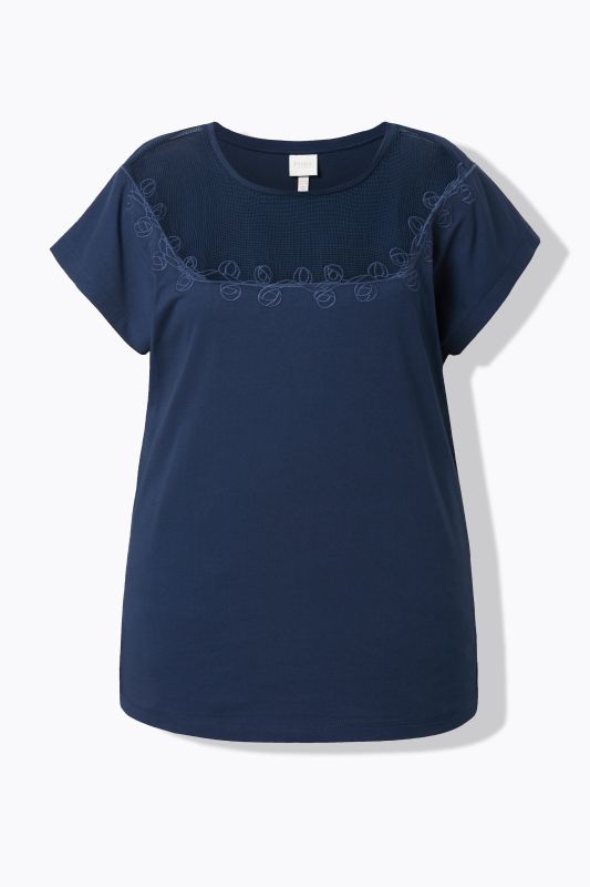 T-shirt en coton bio, empiècement en crochet, col rond et manches courtes