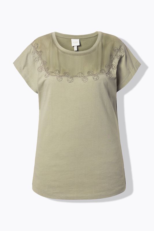 T-shirt en coton bio, empiècement en crochet, col rond et manches courtes