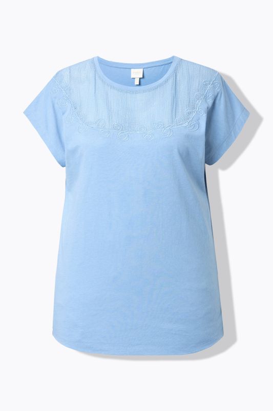 T-shirt en coton bio, empiècement en crochet, col rond et manches courtes