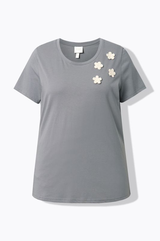 T-shirt en coton bio, fleurs en crochet, décolleté rond et manches courtes