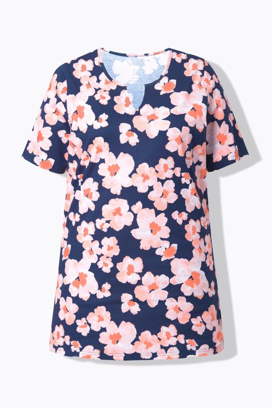 T-shirt long motif à fleurs, manches courtes et col tunisien, coupe évasée